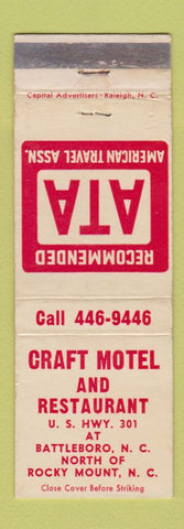 Matchbook Cover - Craft Motel Restaurant Battleboro NC WORN