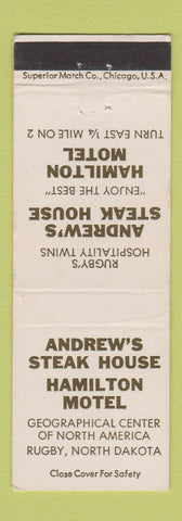 Matchbook Cover - Andrew's Steak House Hamilton Motel Rugby ND WEAR