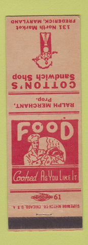 Matchbook Cover - Cotton's Sandwich Shop Frederick MD