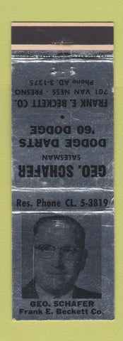 Matchbook Cover - Geo Shafer Frank Beckett 1960 Dodge Fresno CA WEAR