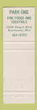 Matchbook Cover - Park One Restaurant Beachwood OH