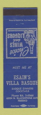 Matchbook Cover - Esain's Villa Basque Fresno CA