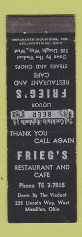 Matchbook Cover - Frieg's Restaurant Cafe Massillon OH MERCHANTS