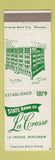 Matchbook Cover - State Bank of La Crosse WI WEAR