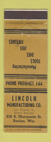 Matchbook Cover - Lincoln Manufacturing Racine WI tools dies jigs