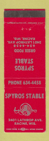 Matchbook Cover - Spyros Stable Racine WI Greek Restaurant