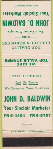 Matchbook Cover - Baldwin Sinclair oil gas NO TOWN