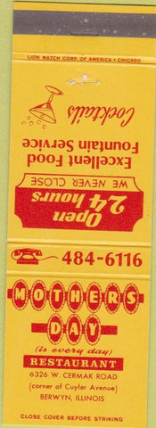 Matchbook Cover - Mothers Day Restaurants Berwyn IL
