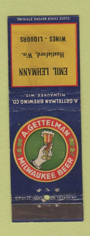 Matchbook Cover - A Gettelman Beer Emil Lehmann Hustisford WI WEAR