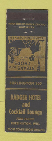 Matchbook Cover - Badger Hotel Burlington WI WEAR
