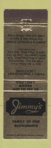 Matchbook Cover - Jimmy's Restaurant Chula Vista CA