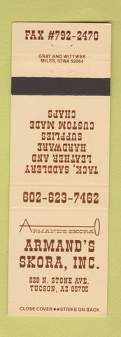 Matchbook Cover - Armand's Skora Tack Saddles Leather Tucson AZ chaps