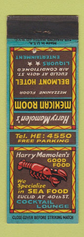 Matchbook Cover - Harry Mamolen's Restaurant Seafood Belmont Hotel Cleveland OH