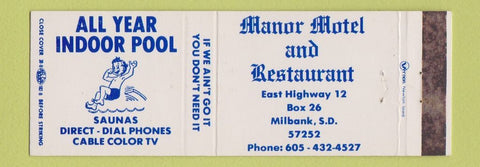 Matchbook Cover - Manor Motel Restaurant Milbank SD Full Length