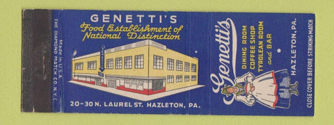 Matchbook Cover - Genetti's Restaurant Hazleton PA