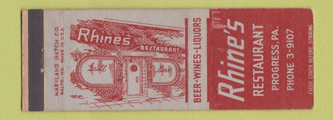 Matchbook Cover - Rhine's Restaurant Progress PA
