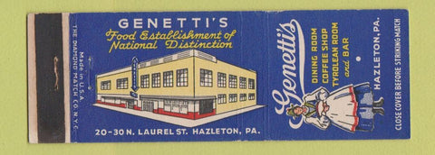Matchbook Cover - Genetti's Restaurant Hazleton PA