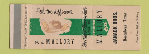 Matchbook Cover - Mallory Hats Janack Bros Rosenberg TX WEAR