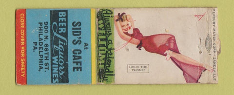 Matchbook Cover - Sid's Cafe Philadlephia PA WORN BOBTAIL pinup