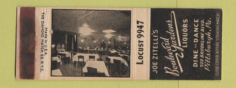 Matchbook Cover - Joe Zitelli's Boulevard Gardens Pittsburgh PA WEAR