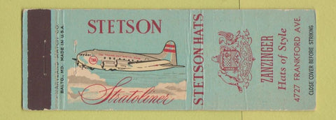 Matchbook Cover - Stetson Hats Zanzinger WEAR