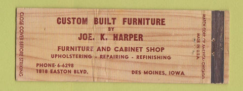 Matchbook Cover - Custom Built Furniture Joe Harper Des Moines IA WORN