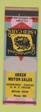 Matchbook Cover - Greek Motor Sales Oldsmobile GMC Pontiac Bryan OH