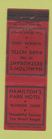Matchbook Cover - Hamilton's Park Hotel Warren OH
