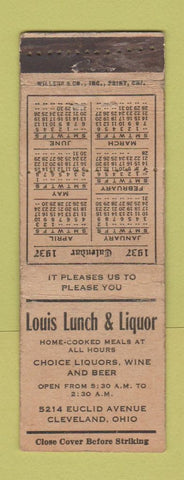 Matchbook Cover - Louis Lunch Liquor Cleveland OH 1937 POOR HOLES