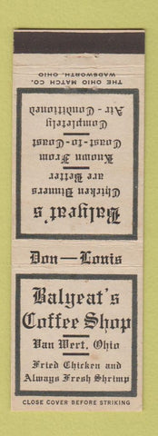 Matchbook Cover - Balyeat's Coffee Shop Restaurant Van Wert OH