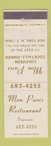 Matchbook Cover - Mon Paris Restaurant New York City