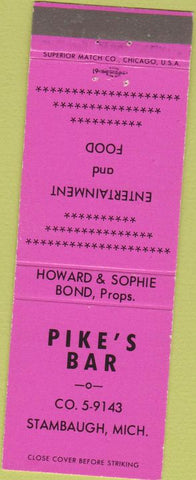 Matchbook Cover - Pike's Bar Stambaugh MI