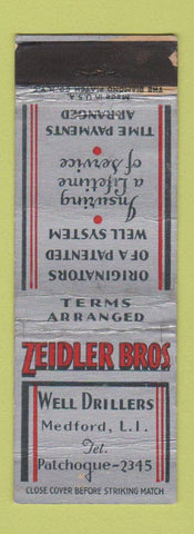 Matchbook Cover - Zeidler Bros Well Drilling Medford LI NY WORN