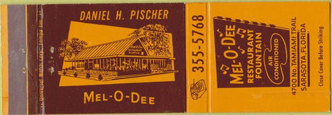 Matchbook Cover - Mel O Dee Restaurant Sarasota FL
