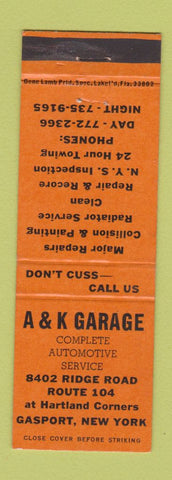 Matchbook Cover - A&K Garage Gasport NY