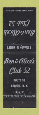 Matchbook Cover - Ben & Alice's Club 52 Carmel NY WEAR