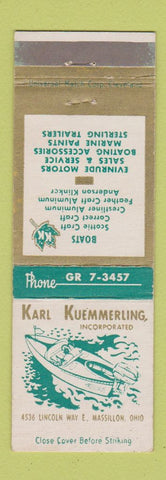 Matchbook Cover - Karl Kuemmerling Boats Evinrude Motors Massillon OH