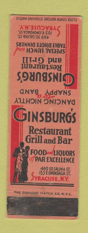 Matchbook Cover - Ginsburg's Restaurnt Bar Syracuse NY WEAR
