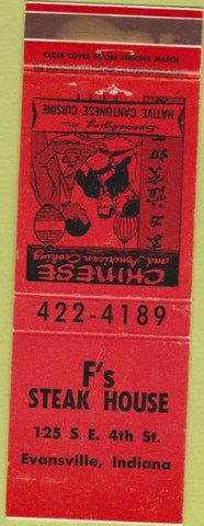 Matchbook Cover - F's Steak House Evansville IN Chinese Food