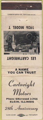 Matchbook Cover - Cartwright Motors Elgin IL Model T Ford POOR