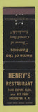 Matchbook Cover - Henry's Restaurant Rochester NY WEAR