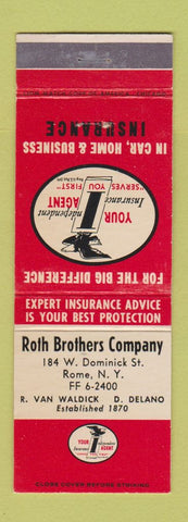 Matchbook Cover - Roth Brothers Insurance Rome NY #2 RED WHITE