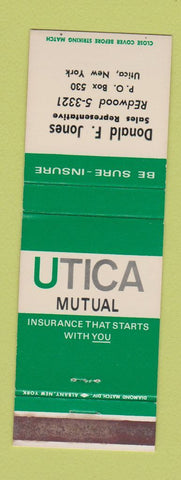 Matchbook Cover - Utica Mutual Insurance Donald Jones Utica NY