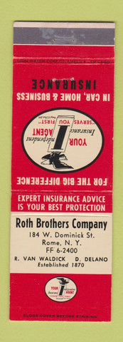 Matchbook Cover - Roth Brothers Insurance Rome NY #1 RED WHITE