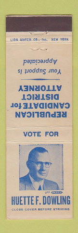 Matchbook Cover Huette Dowling District Attorney Election Harrisburg PA Dauphin