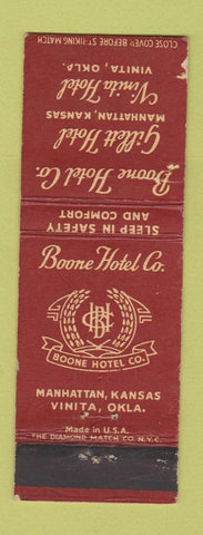 Matchbook Cover - Boone Hotels Manhattan KS Vinita OK WEAR