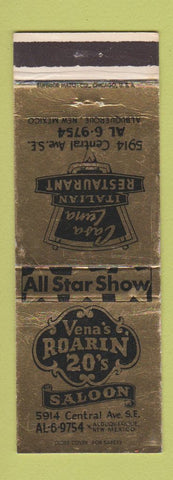 Matchbook Cover - Vena's Roarin 20's Saloon Albuquerque NM Casa Luna Italian