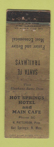Matchbook Cover - Hot Springs Hotel Main Cafe Hot Springs NM low phone # WORN