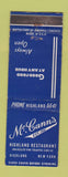 Matchbook Cover - McCann's Highland Restaurant Highland NY