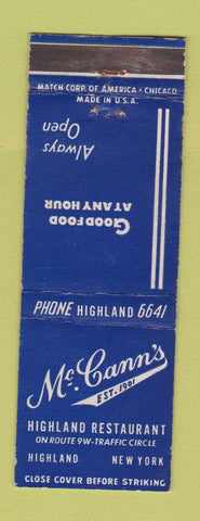 Matchbook Cover - McCann's Highland Restaurant Highland NY